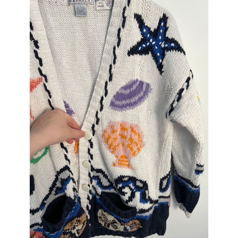 VTG Raphels Hand Knit Nautical Coastal Cardigan Sweater White Ocean LG - Picture 3 of 9